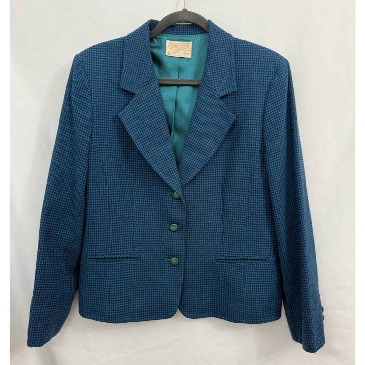 Vtg Pendleton Teal Blue Houndstooth 100% Virgin Wool Blazer Womens Size 12